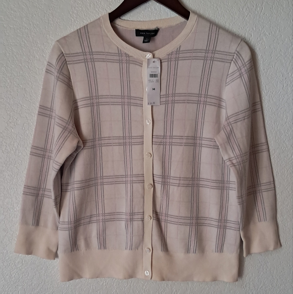 Ann Taylor Cream Plaid Cardigan